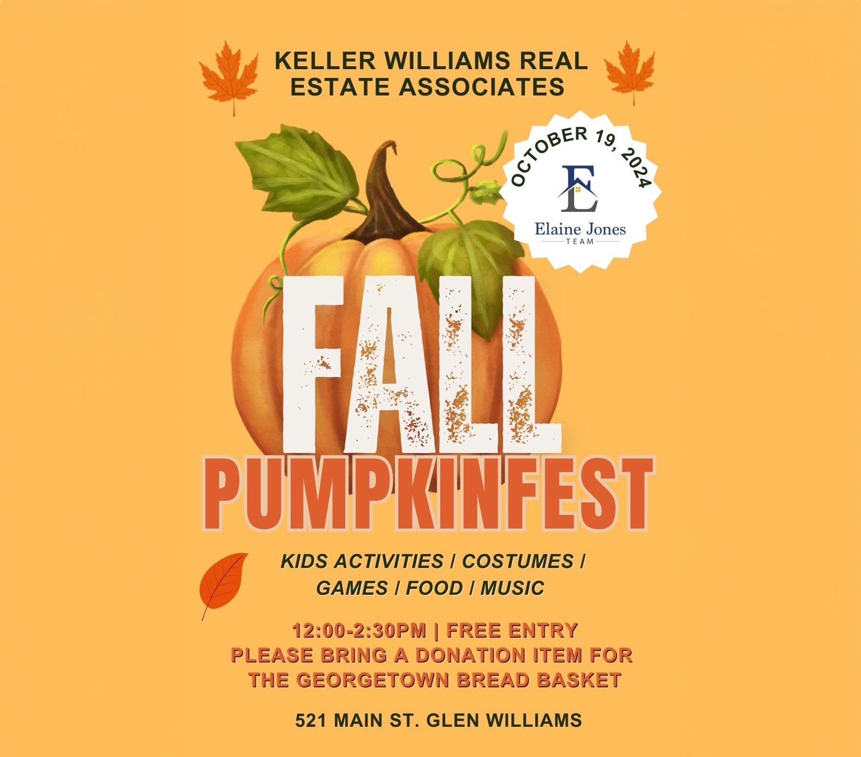 Fall Pumpkinfest Where: 521 Main St., Glen Williams When: October 19, 2024 Time: 12pm-2:30pm Please bring a donation item for The Georgetown Bread Basket